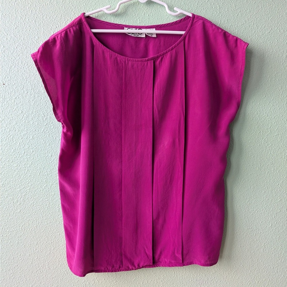 Vintage Clio Los Angeles Pink 100% Silk Pleated Shoulder Pad Blouse Shirt